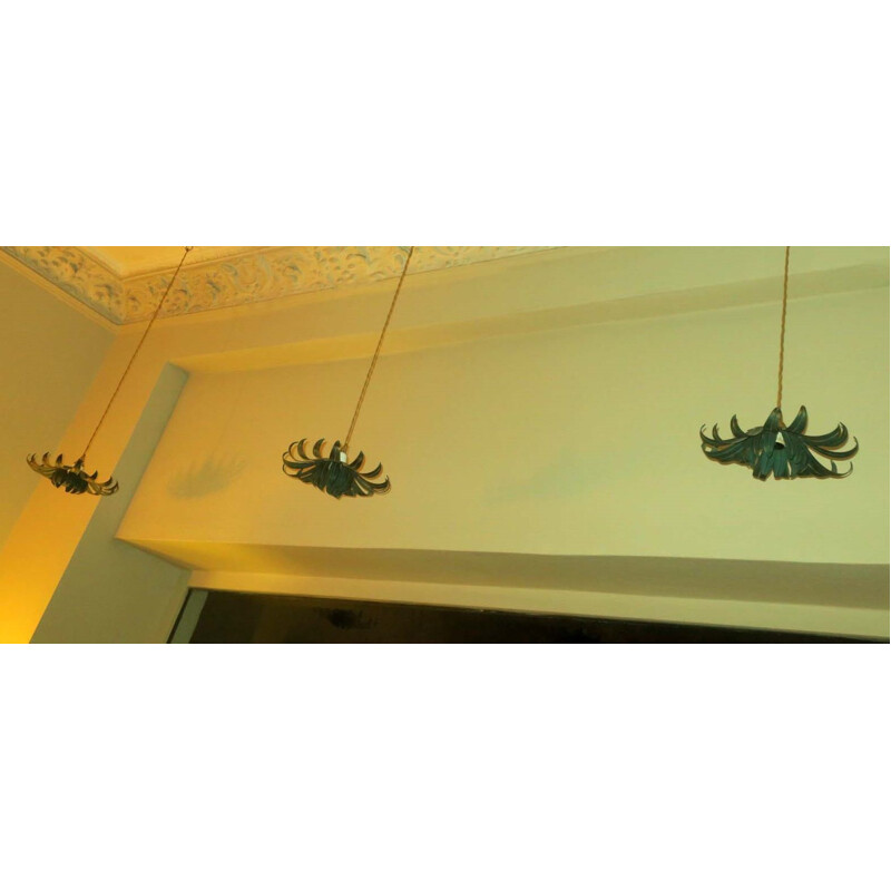 Set of 3 vintage pendant lamps in the shape of a vine leaf