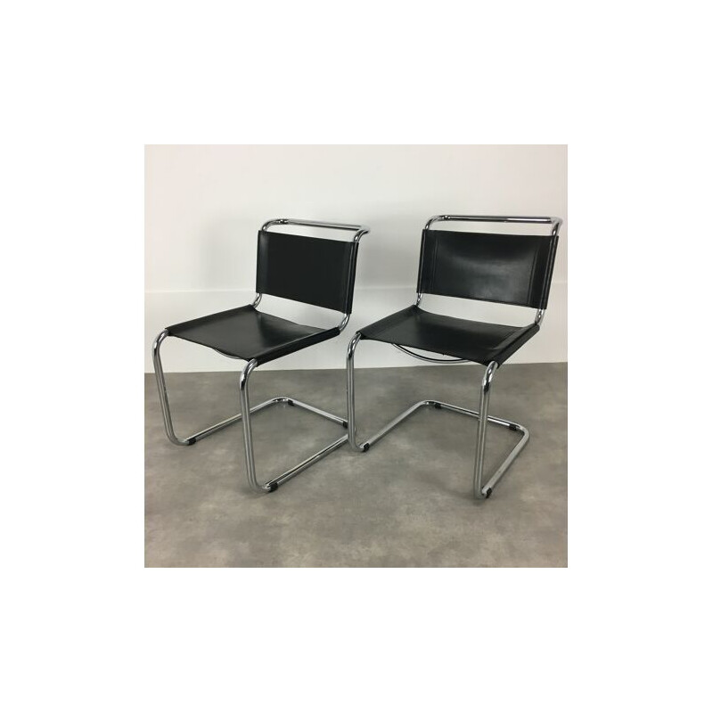 Pair of vintage black leather B33 chairs by Marcel Breuer, 1980s