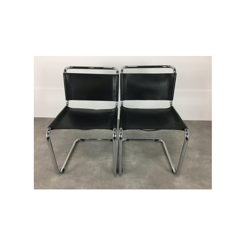 Pair of vintage black leather B33 chairs by Marcel Breuer, 1980s