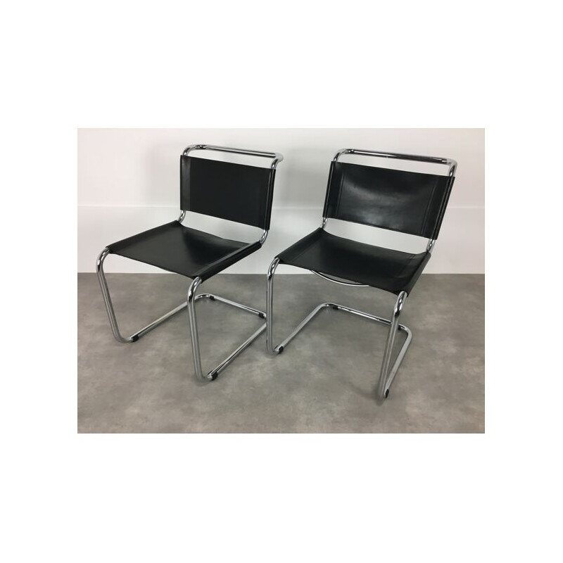 Pair of vintage black leather B33 chairs by Marcel Breuer, 1980s