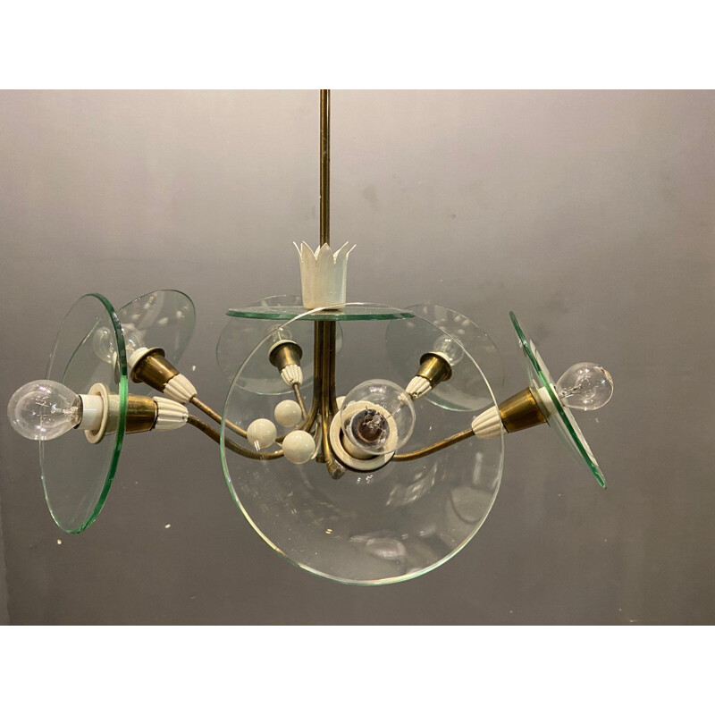 Vintage Art Deco glass and brass chandelier by Pietro Chiesa for Fontana Arte, 1940