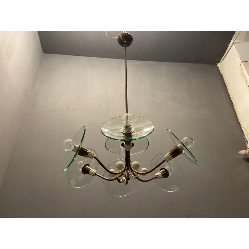 Vintage Art Deco glass and brass chandelier by Pietro Chiesa for Fontana Arte, 1940