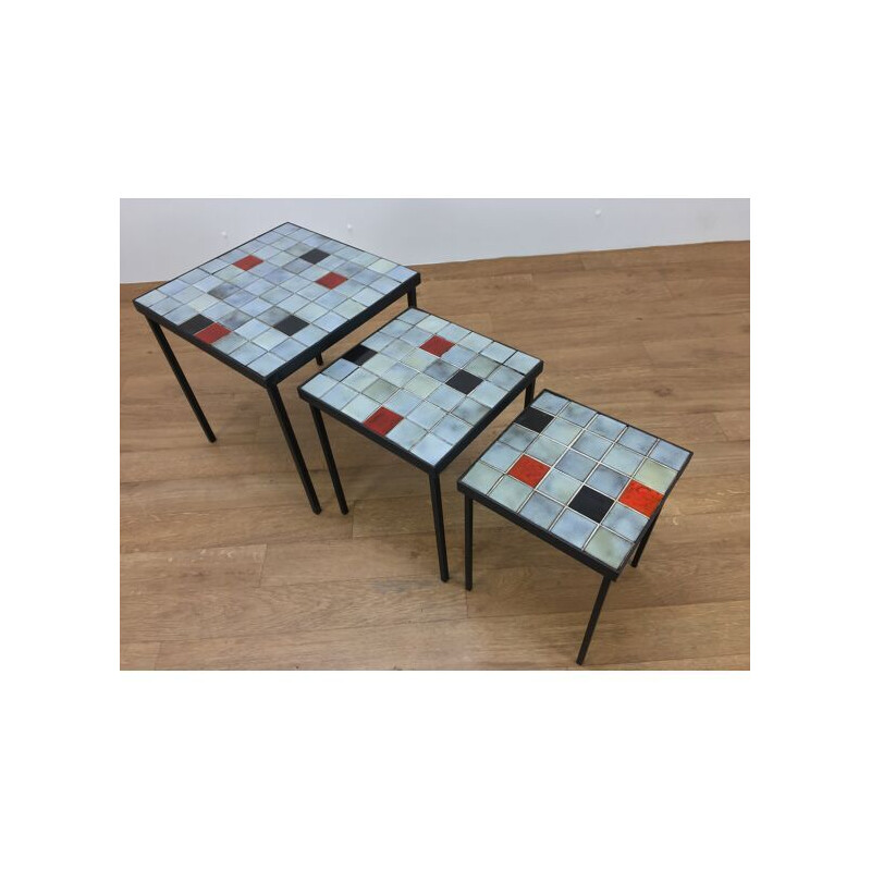 Ensemble de 3 tables vintage gigognes en céramique par Mado Jolain, 1960