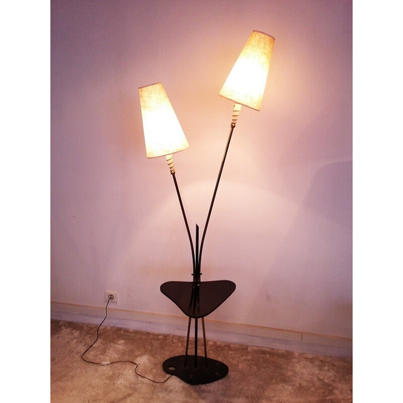 Floor lamp with double lamp shades in metal and glass - 1950s