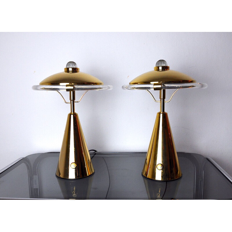 Pair of vintage Regency lucite and brass lamps, Italy 1980s