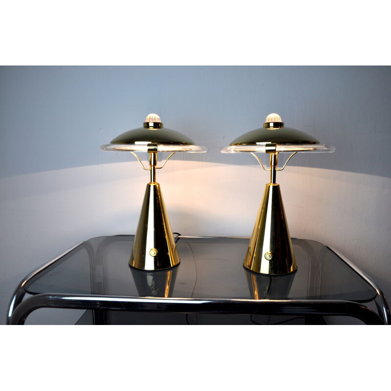 Pair of vintage Regency lucite and brass lamps, Italy 1980s