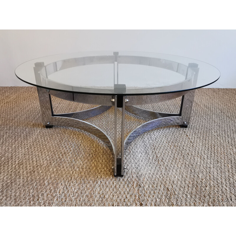 Round vintage coffee table in chrome and glass