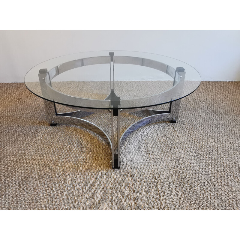 Round vintage coffee table in chrome and glass