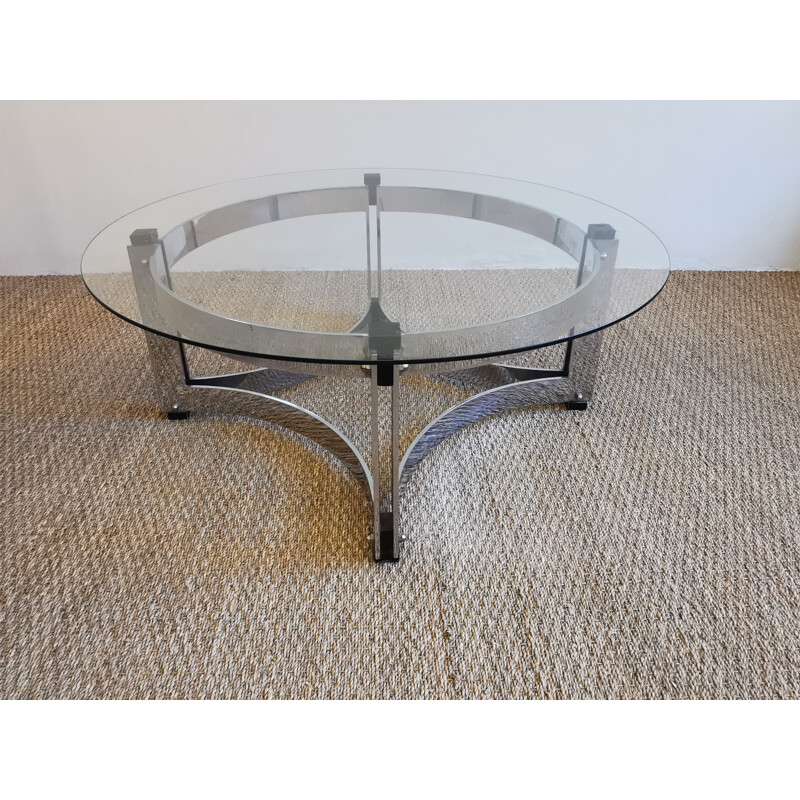 Table basse vintage ronde en chrome et verre