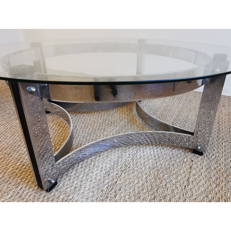 Table basse vintage ronde en chrome et verre