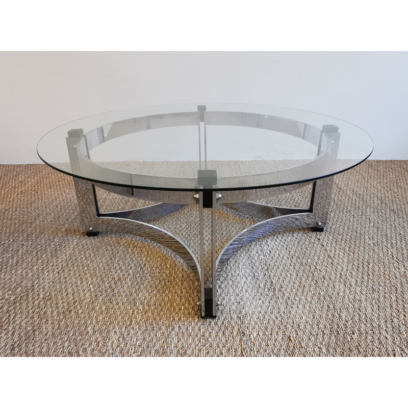 Table basse vintage ronde en chrome et verre