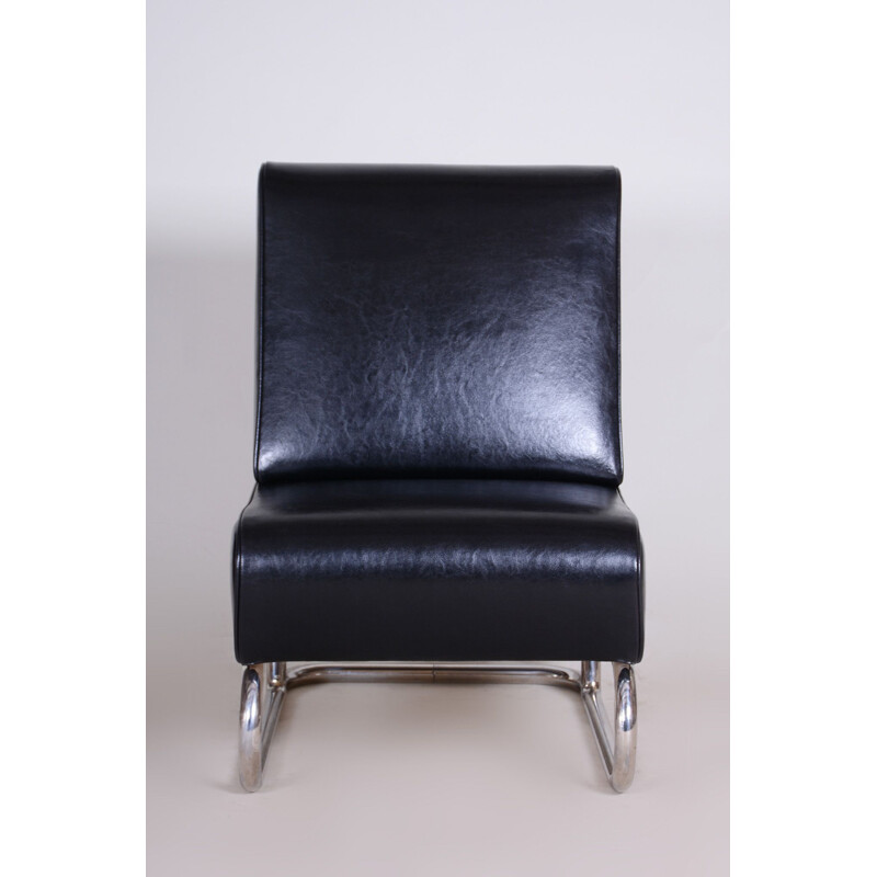 Vintage black leather armchair, Czechoslovakia 1930s