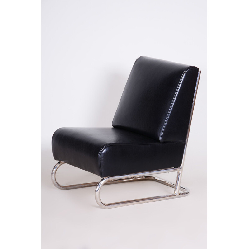 Vintage black leather armchair, Czechoslovakia 1930s