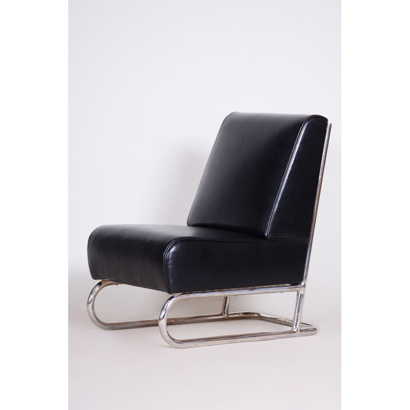 Vintage black leather armchair, Czechoslovakia 1930s