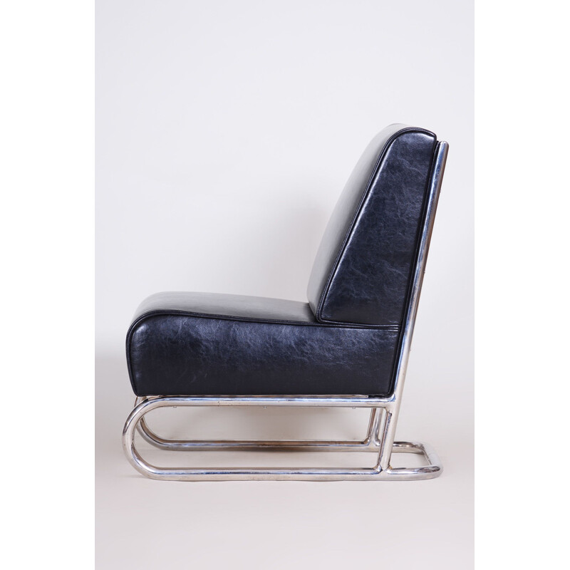 Vintage zwart lederen fauteuil, Tsjechoslowakije 1930