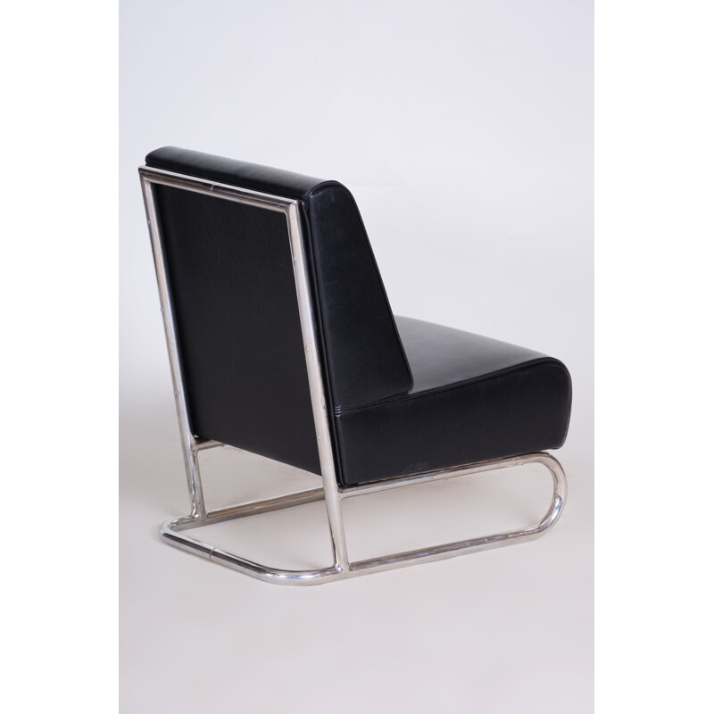 Vintage black leather armchair, Czechoslovakia 1930s