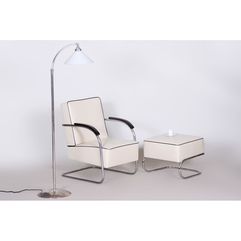 Vintage white leather armchair with ottoman by Mucke Melder, Czechoslovakia 1930s