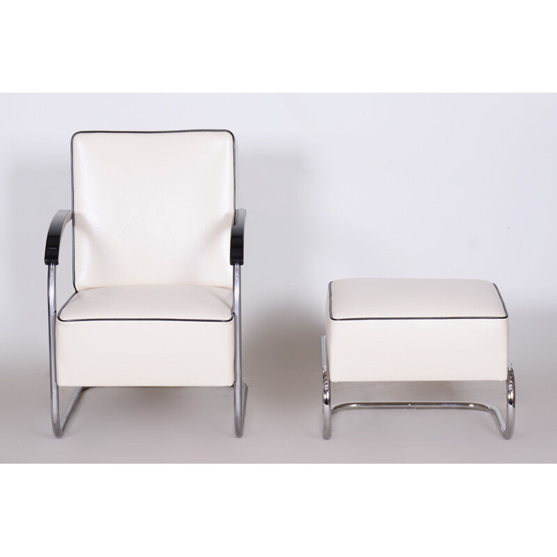 Vintage white leather armchair with ottoman by Mucke Melder, Czechoslovakia 1930s