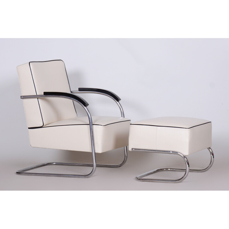 Vintage white leather armchair with ottoman by Mucke Melder, Czechoslovakia 1930s