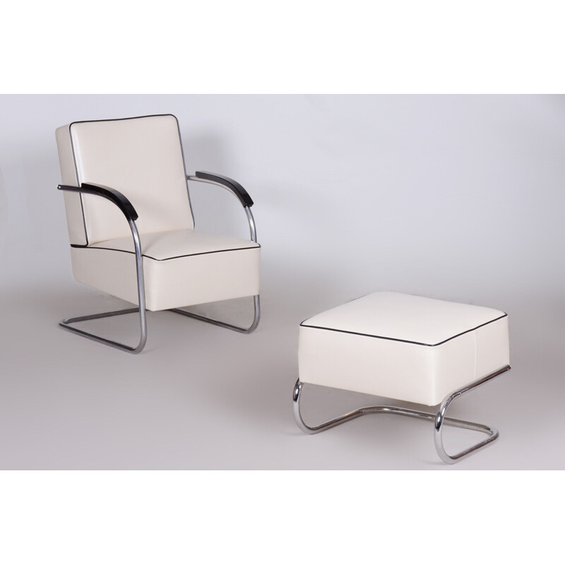 Vintage white leather armchair with ottoman by Mucke Melder, Czechoslovakia 1930s