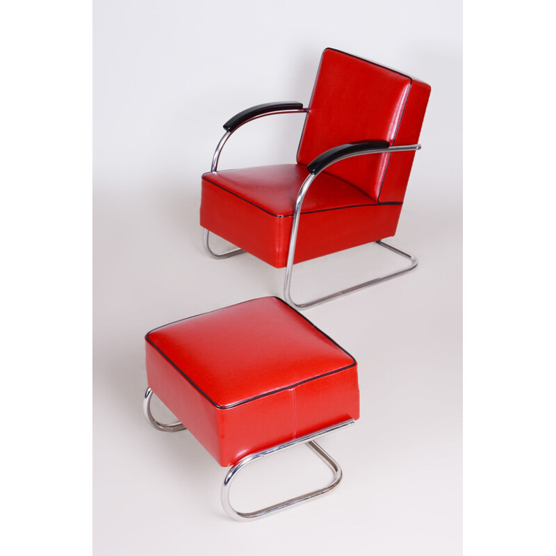 Vintage armchair with red ottoman by Mucke Melder, Czechoslovakia 1930s