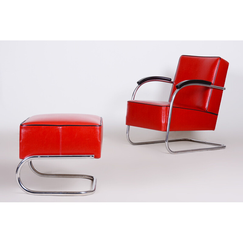 Vintage armchair with red ottoman by Mucke Melder, Czechoslovakia 1930s