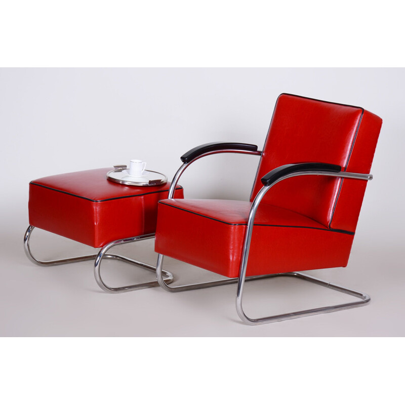 Vintage armchair with red ottoman by Mucke Melder, Czechoslovakia 1930s