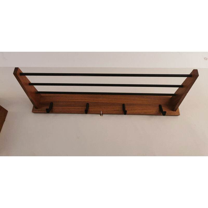 Vintage minimalist wall coat rack in wood and iron, 1960