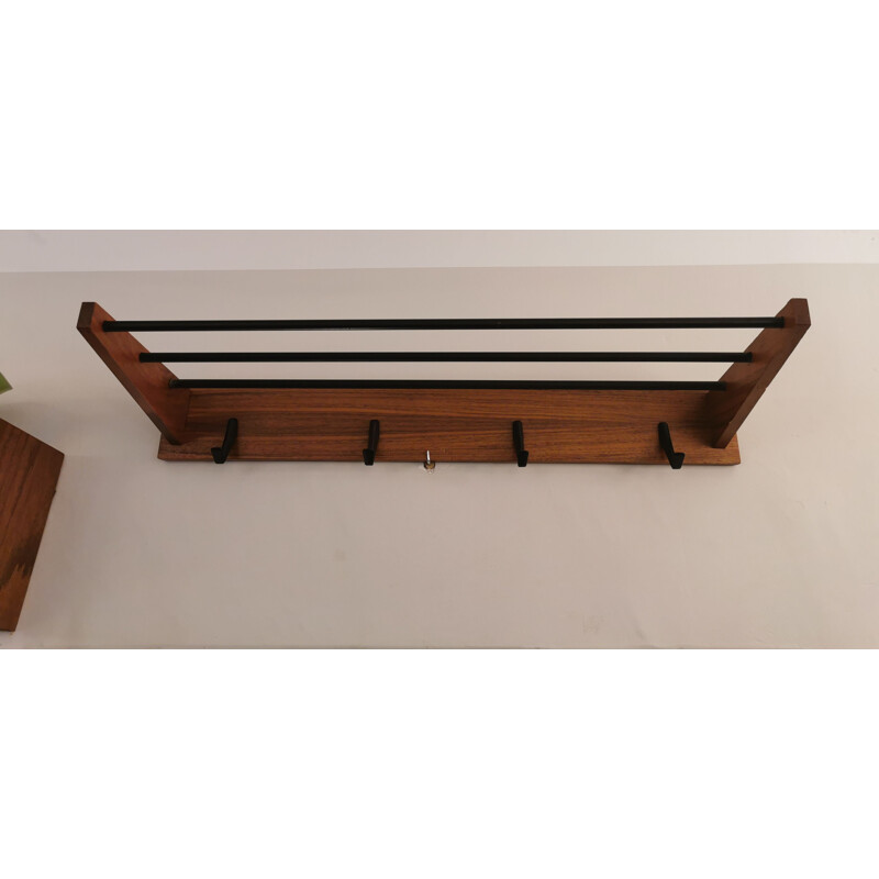 Vintage minimalist wall coat rack in wood and iron, 1960