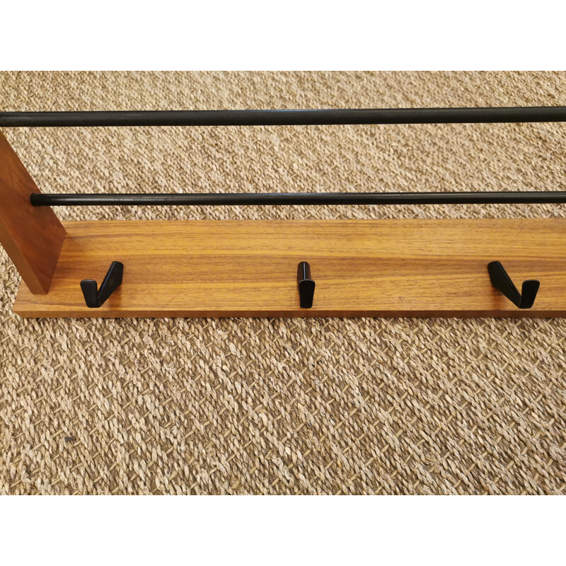 Vintage minimalist wall coat rack in wood and iron, 1960