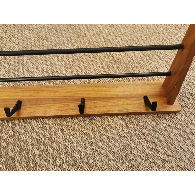 Vintage minimalist wall coat rack in wood and iron, 1960