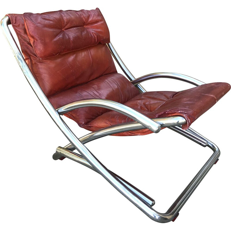 Sillón vintage de tubos cromados y cuero, Italia 1970