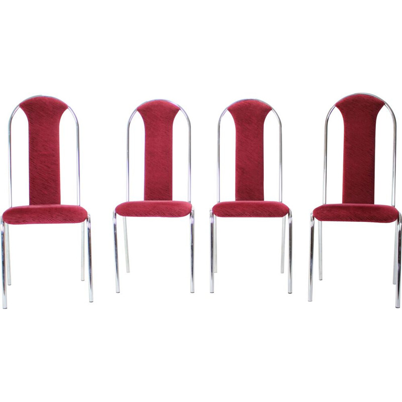 Set di 4 sedie Kovobel vintage in rosso bordeaux, Cecoslovacchia 1980