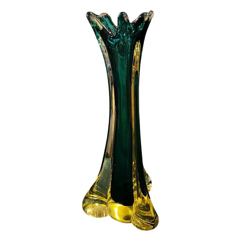 Vaso modernista em vidro Murano verde e amarelo, 1970