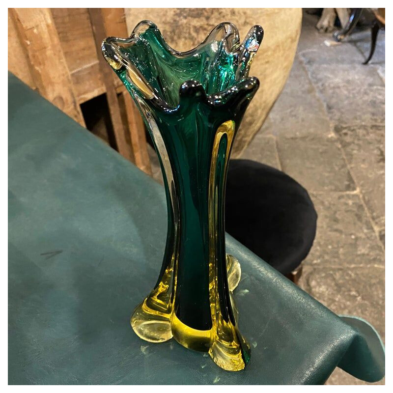 Modernistische vintage vaas in groen en geel Murano glas, 1970