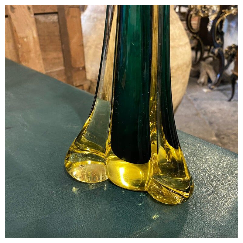 Modernistische vintage vaas in groen en geel Murano glas, 1970