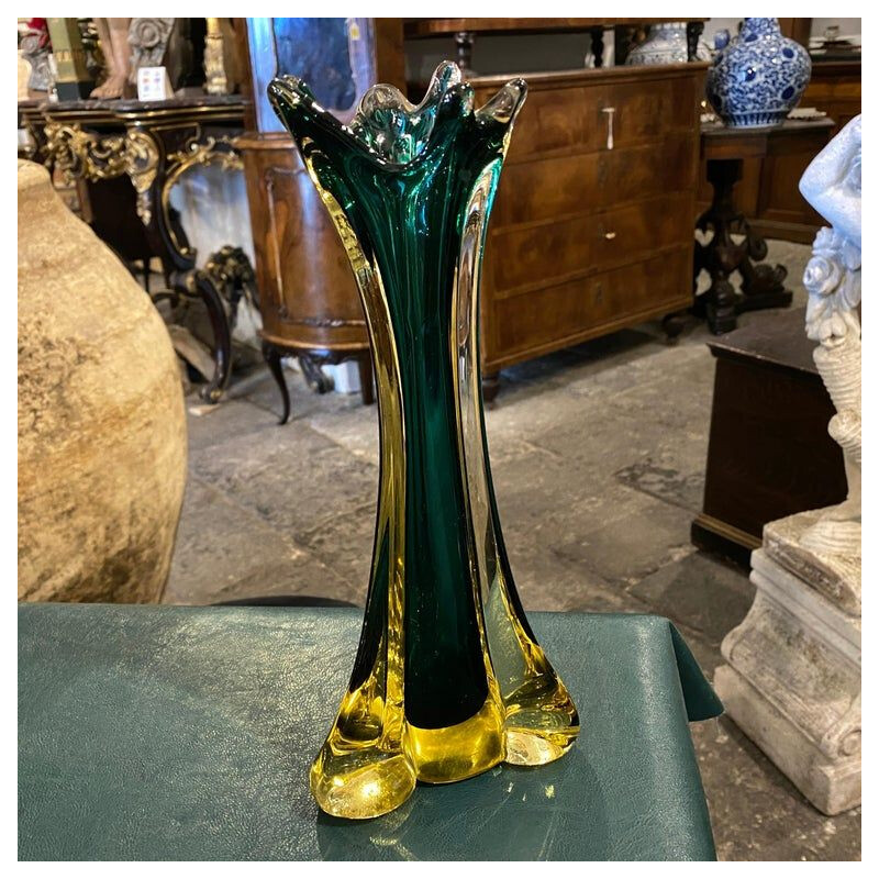 Modernistische Vintage-Vase aus grünem und gelbem Muranoglas, 1970