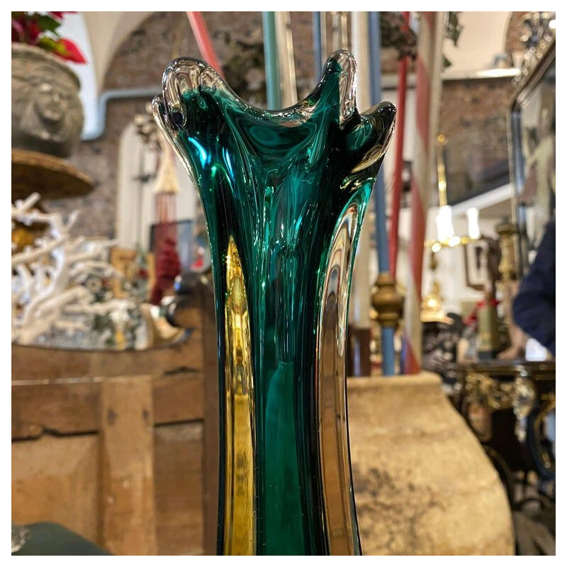 Vaso vintage modernista in vetro di Murano verde e giallo, 1970