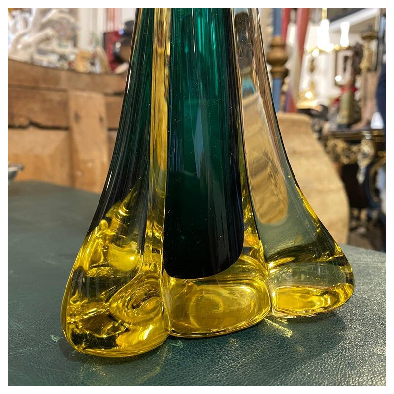Vase vintage moderniste en verre de Murano vert et jaune, 1970