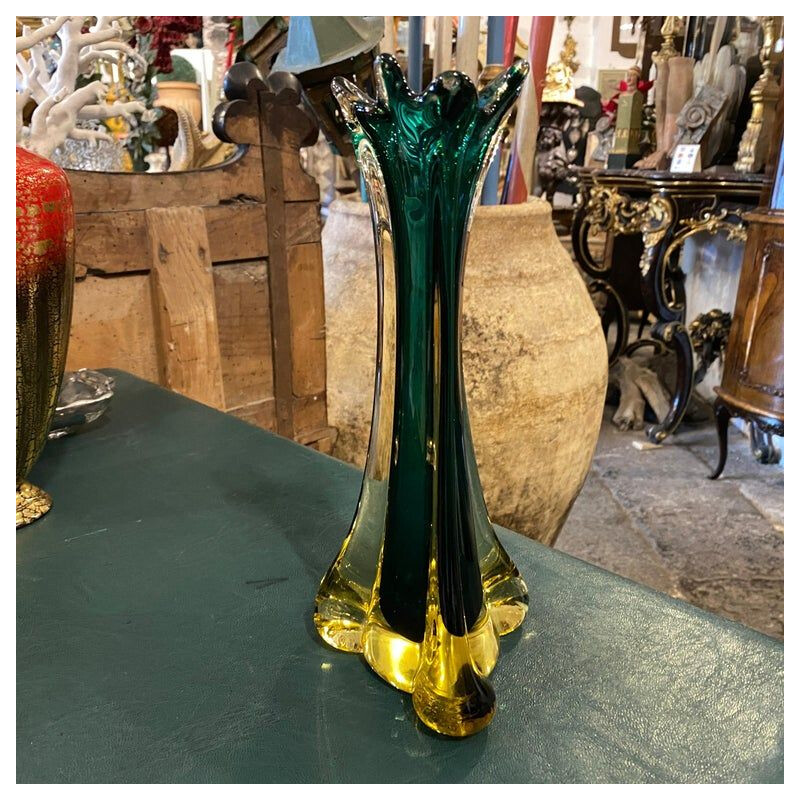 Modernist vintage vase in green and yellow Murano glass, 1970s