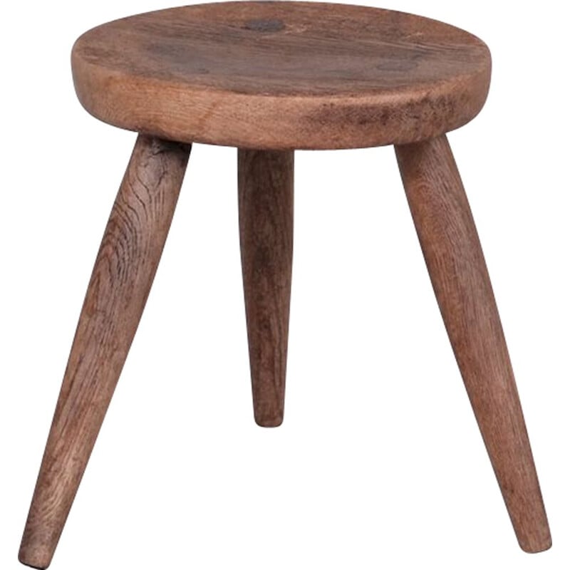 Tabouret tripode français vintage en bois de chêne, 1950