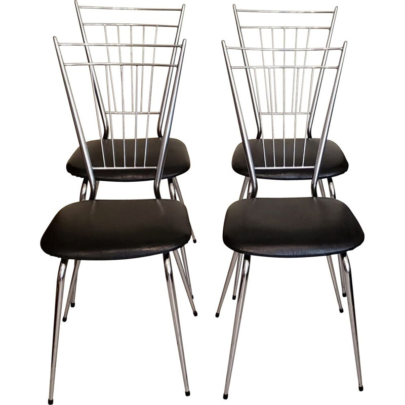 Set of 4 vintage chairs in chrome and skai, 1970