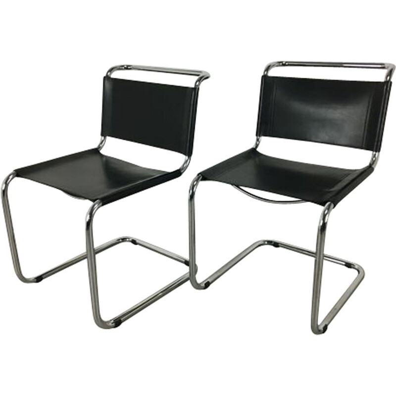 Pair of vintage black leather B33 chairs by Marcel Breuer, 1980s