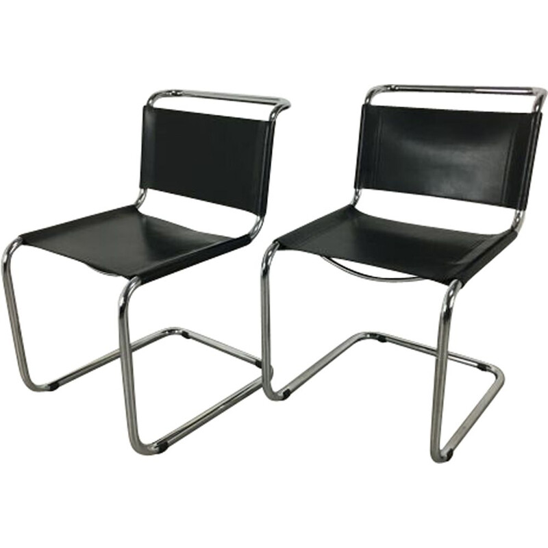 Paire de chaises B33 vintage en cuir noir de  Marcel Breuer, 1980