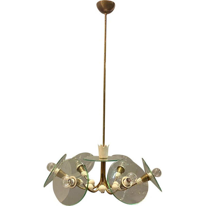 Vintage Art Deco glass and brass chandelier by Pietro Chiesa for Fontana Arte, 1940