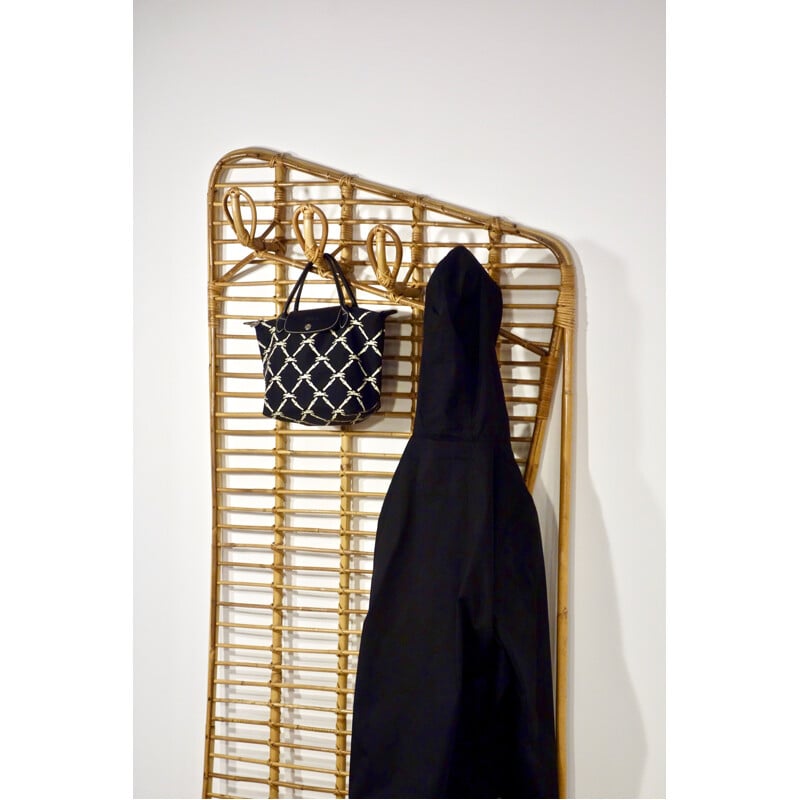 Vintage coat rack in rattan and bamboo by Louis Sognot, France 1950