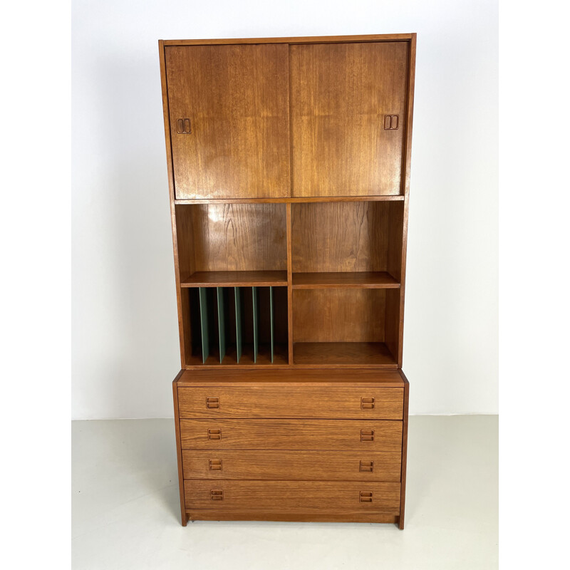 Vintage teak wall unit with two sliding doors, 1960s