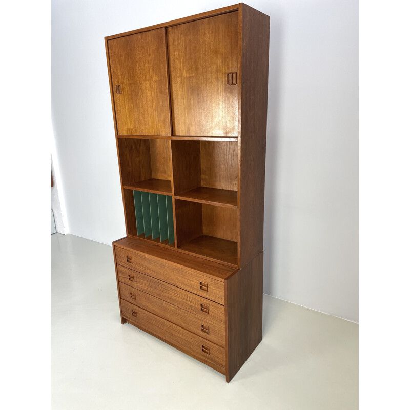 Vintage teak wall unit with two sliding doors, 1960s