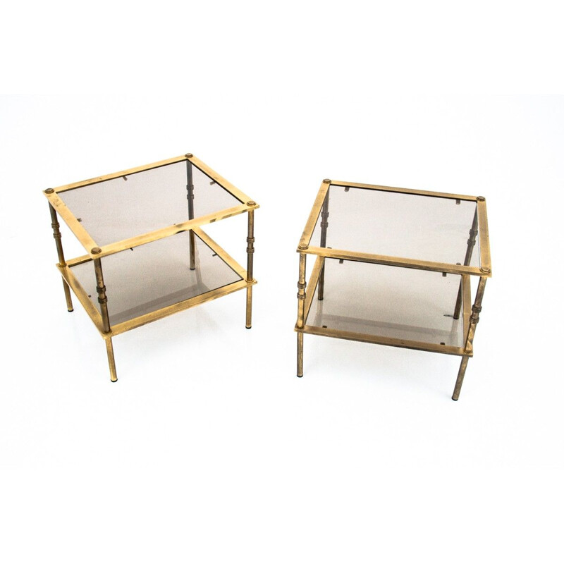 Pair of vintage brass and glass night stands, Poland 1970s