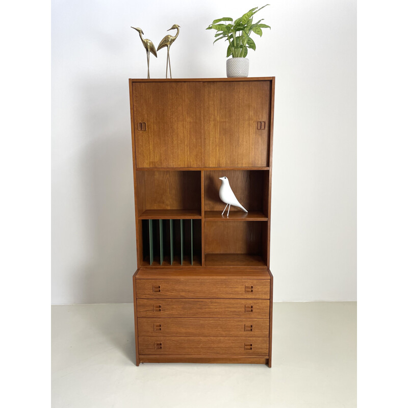 Vintage teak wall unit with two sliding doors, 1960s